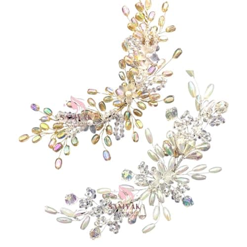 Samyak Combo of 2 Wedding Hair Pins Tiara Accessories Handmade Headdress Brooch for Women & Girls Bridesmaid Hair Vine (Silver-Gold)