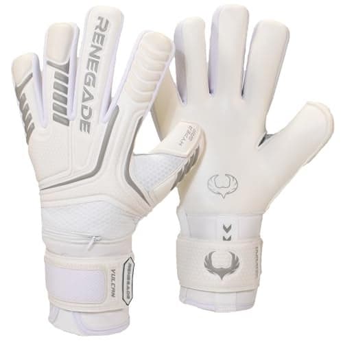 Renegade GK Vulcan Whiteout Goalie Gloves with Finger Savers | 3.5+3mm Hyper Grip & 4mm Duratek | White Soccer Goalkeeper Gloves (Size 8, Youth-Adult, Roll Cut, Level 3)