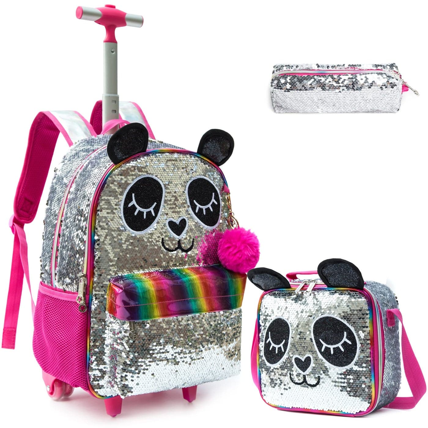 Egchescebo Panda School Kids Rolling Backpack for Girls With Wheels Trolley Wheeled Backpacks Travel Bags 3PCS With Lunch Box and Pencil Case Suitcase Silver Sequin