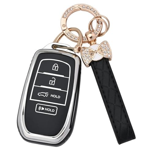 TECARATE for Toyota Key Fob Cover 4 Buttons Soft TPU Key Shells Protector for Crown Corolla Cross Grand Highlander Tundra Prius Venza Sequoia Land Cruiser with Nice KeychainBlack