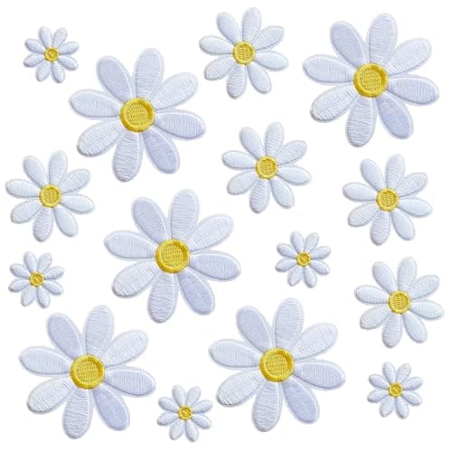 MISDONR 15Pcs Daisy Flower Iron On Patches 3 Sizes Cute Embroidery Applique Patches for Girls Clothes Hats Bags Jackets Jeans DIY Decoration