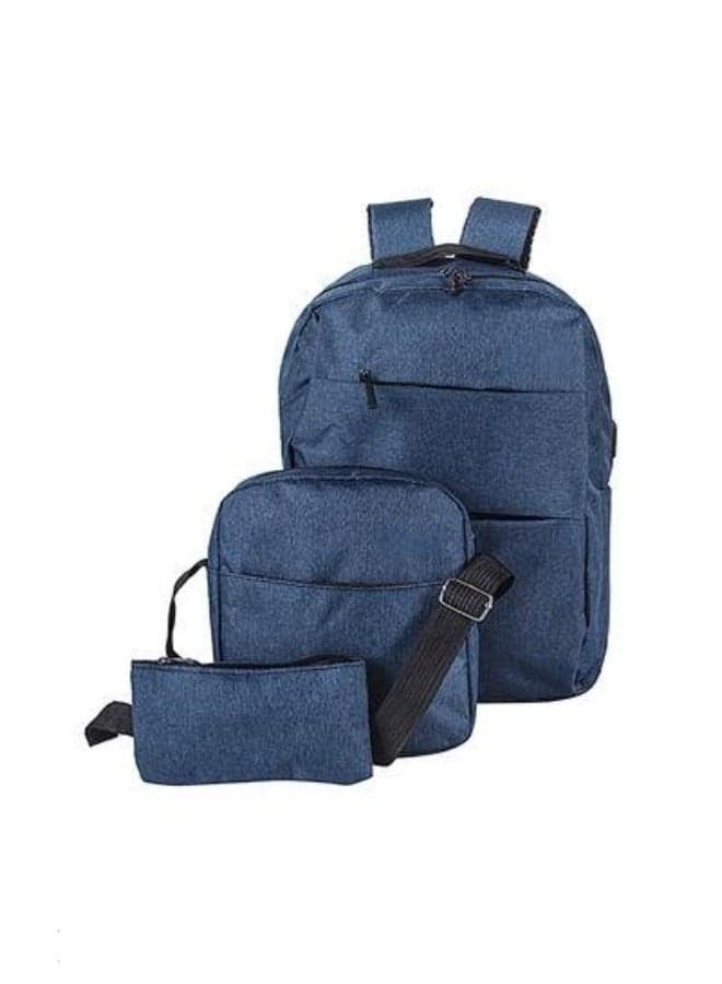 Large Canvas School Bag Set for Men, 3-Piece Backpack, Simple Design, Suitable for Students, Blue Color, High Capacity