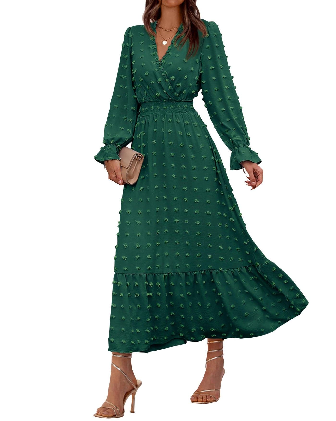 BTFBM Women Fall Maxi Dresses 2025 Long Sleeve V Neck Swiss Dots High Waisted ALine Ruffle Boho Long Dress VacationDark GreenXLarge