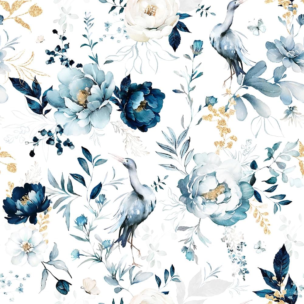 MuralPeel Vintage Peony Floral Crane WhiteBlue Flowers Peel and Stick Wallpaper Self Adhesive Removable Easy Peel Off Stick on Wall Paper for Bedroom Cabinet Renter Friendly