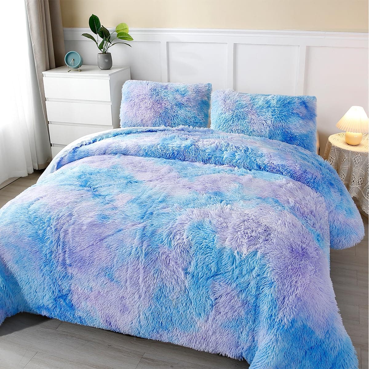 PERFEMET Twin Faux Fur Plush Bedding 3 Piece Soft Fluffy Shaggy Girls Comforter Set Colorful Tie Dye Velvet Fuzzy Furry Rainbow Bed SetsBlue Twin