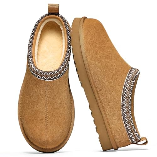 bebealy Genuine Suede Fuzzy Slippers for Women Winter Warm House Shoes Cozy Mini Boots Indoor Outdoor Chestnut Terry Cloth 38
