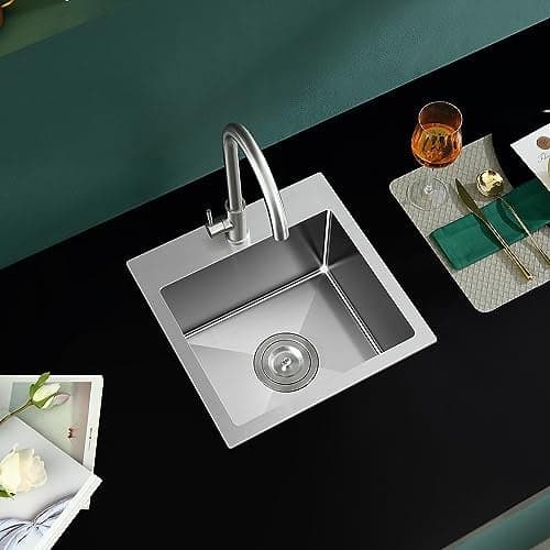 ROVATE 18 × 18 inch Drop in Kitchen Sink, Small Top-mount Kitchen Bar Sink Single Bowl, Overmount Handmade 304 Stainless Steel Bar Sinks with Basket Strainer, 18 x 18 x 9 inch
