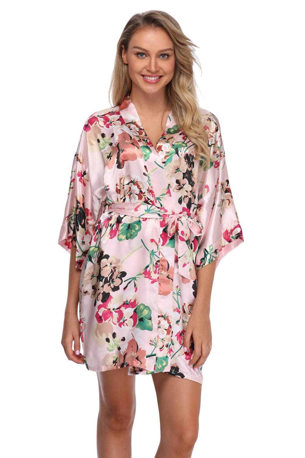 Women's Floral Satin Kimono Robes Short Bridesmaids Robes for Wedding Party Pink