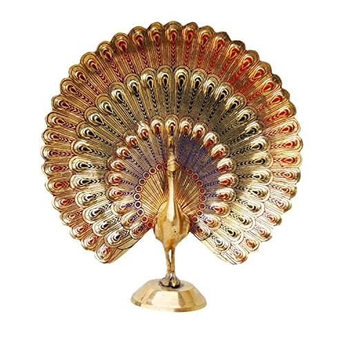 SkyWalker Handcrafted Brass Peacock Showpiece Dancing Peacock Figurine Home Decor Statue Sculpture -10 cm (Multicolor)