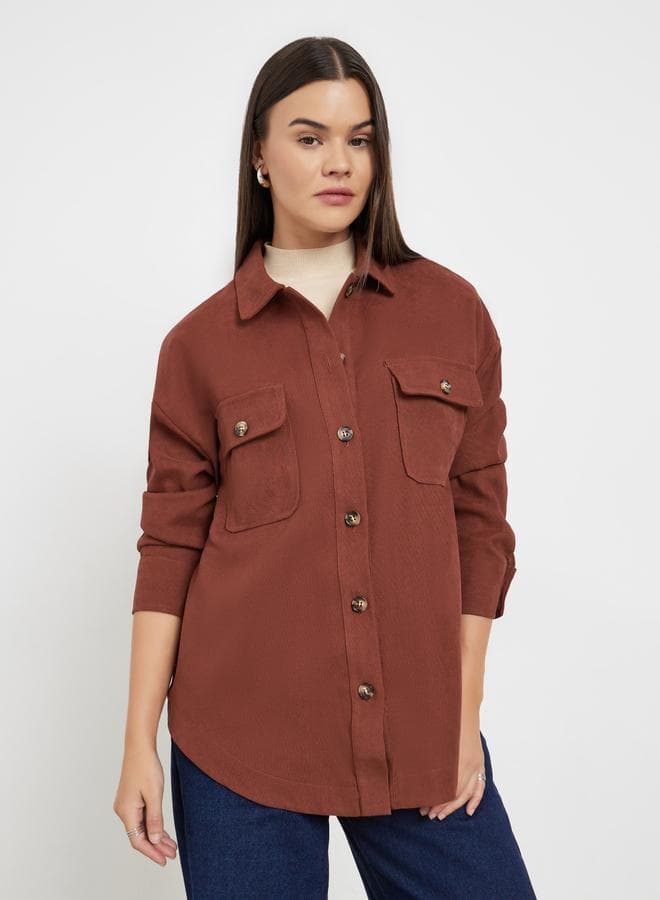 Brown Front Button Collared Shirt — L