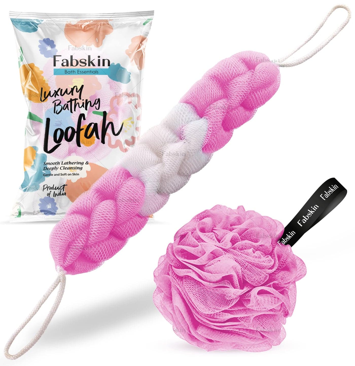 Fabskin Luxury Back Scrubber Loofah Belt Loofah for Bathing for Men and Women Body Bath Combo - Strechable 9 Knots Bath Sponge (Pink Back Scrubber + Loofah)