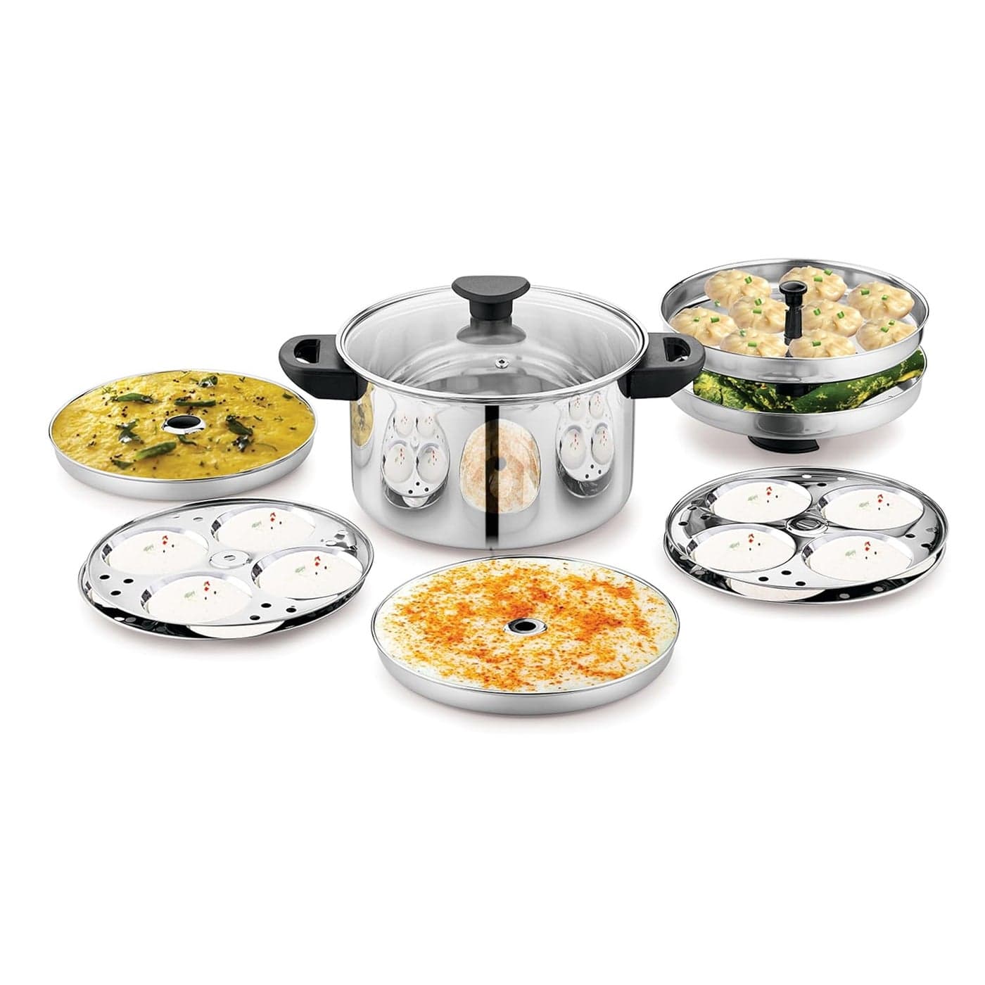 NanoNine 11 pc Multi Cooker | Premium Stainless Steel Idli Cooker | Dhokla Maker | Momo Maker | Glass Lid Steamer | 4 x 4 Idli Plates, 2 Dhokla Plates, 2 Steamer Plates, 4 Liter, Silver