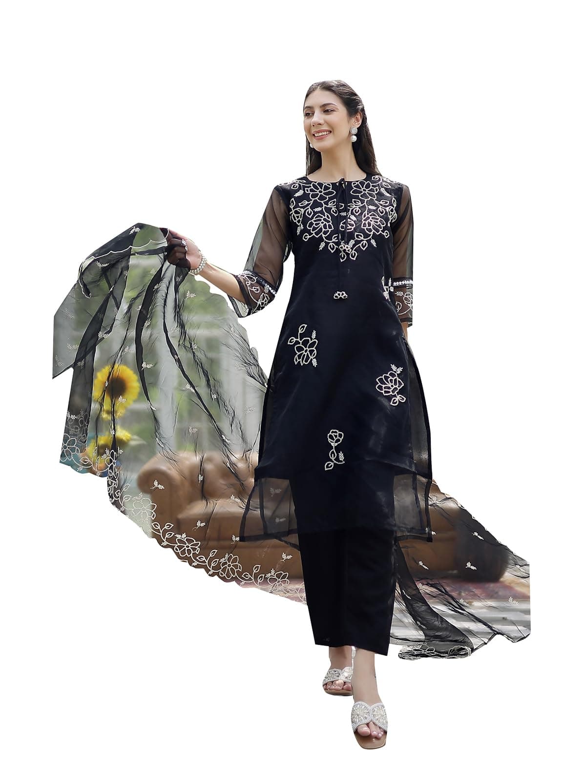 Stylum Women's Solid & EmbroideCotton Straight Kurta Pant Dupatta Set