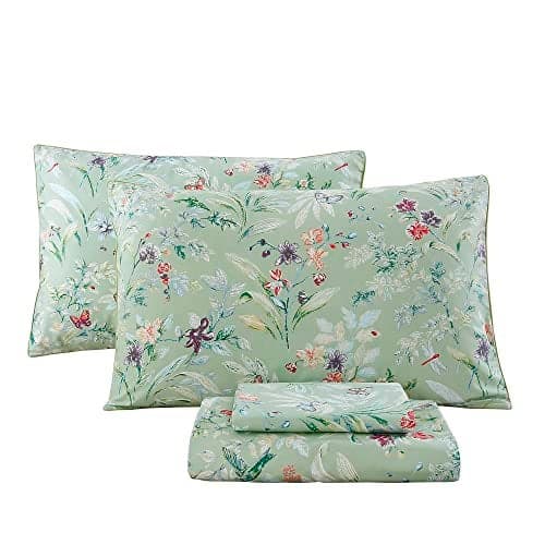 URBONUR Garden Floral Sheets Set Sage Green 4Pcs Full Size, Egyptian Cotton Silky Cooling Bed Sheets Set, Wrinkle Resistant Deep Pocket 16 Inches (Full, Green Leaves Butterfly & Floral)