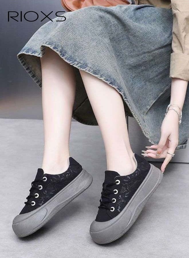 Low Top Sneaker for Women, Classic Lace-Up 4cm Platform Sneakers, Women's Casual Athlesiure Shoes, Round-toed Panelled Sneakers, Stylish Womens Street Sneakers, Lightweight Comfy Sneakers, Anti-slip Trainers Walking Shoes, Women's Comfort for Running Shopping Travel and Daily Leisure, Lady Footwear