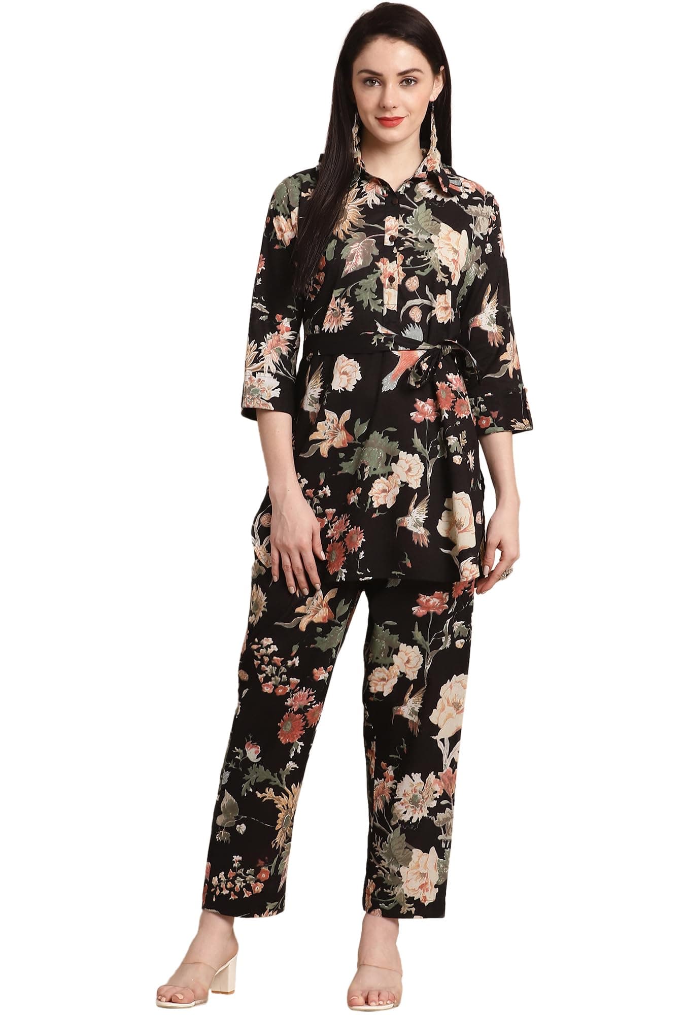 Pistaa's Women Summery Floral Cotton Co-ord Set (X-Small, Black)