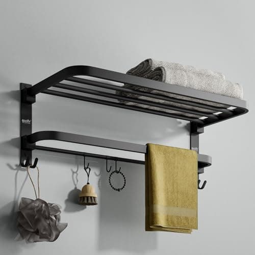 Gloxy Premium Foldable Towel Holder in Bathroom with Towel Rod & Hooks - Stainless Steel Black Matte Finish Bathroom Towel Hanger for Wall Mount Installation - Towel Rack in Bathroom Accessories Set