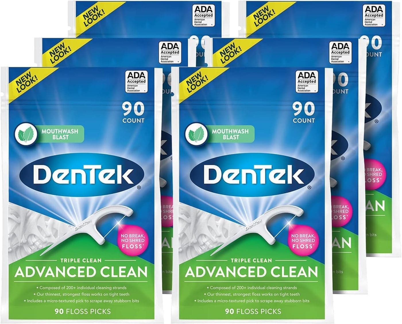 DenTek Triple Clean Floss Pick 3X Clean Removes Plaque Food and Fights Bad Breath 90 Picks Pack of 6