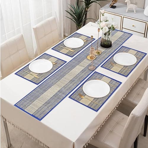 KalaTree Table Runner for 4 Seater Dining Table with mats Handmade Reversible Heat Resistant | River Grass Placemats Zero Plastic | Natural Madurkathi Eco Friendly | 4 Mats and Runner Joyful