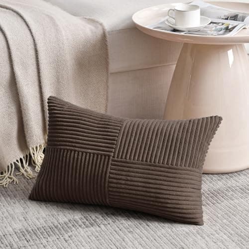 Fancy Homi Dark Brown Lumbar Decorative Throw Pillow Covers 12x20 Inch for Living Room Couch Bed, Rustic Farmhouse Boho Home Decor, Soft Striped Corduroy Rectangle Accent Cushion Case 30x50 cm