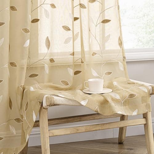 MIULEE Beige Sheer Curtains 2 Panels Embroidered Leaf Patterned Rod Pocket Floral Semi Sheer Faux Linen Window Curtains Drapes Set for Living Room Bedroom Dining Room, 52x96 Inches Long