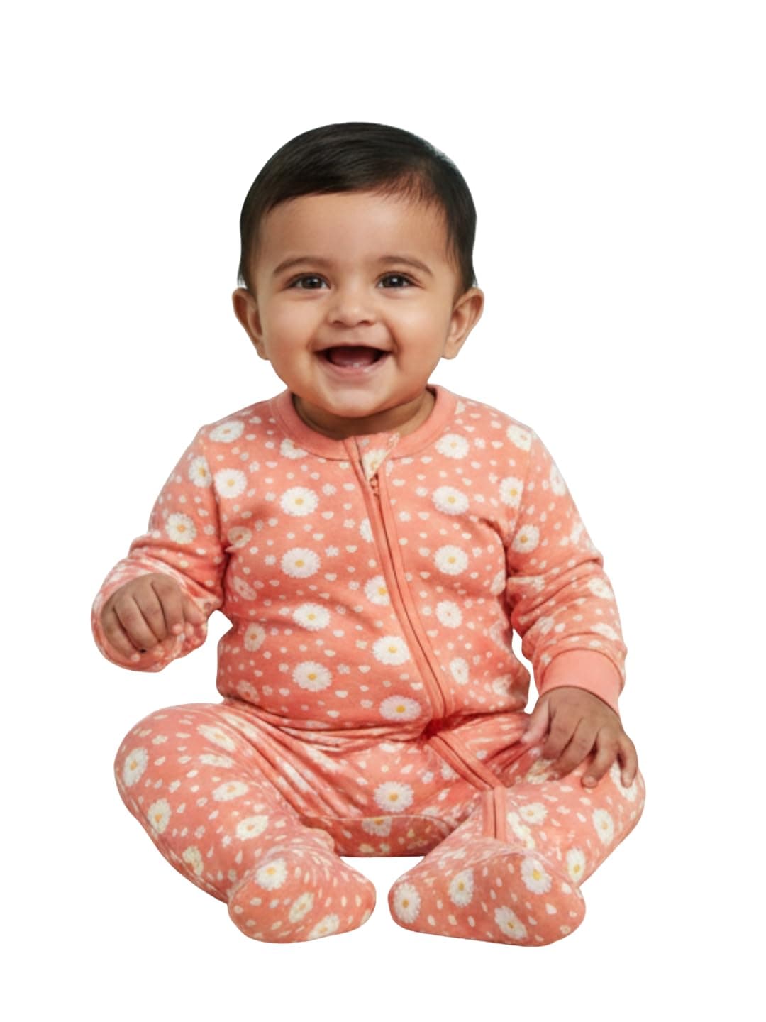 The Mom Store Baby Zipper Romper For Boys And Girls | Cotton | Soft Infant Bodysuit | Trendy Stylish Sleepsuit Nightsuit For Newborn Baby | Printed | Coral Blossom | 0-3M