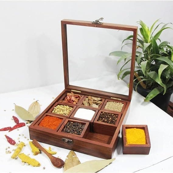 RJ kitchenware Store Nine Blends Spice Box with 12 Containers Spoon Sheesham Wood Wooden Spice Box Set for Kitchen Masala Spice Boxes Masala Daani Namak Dani Dabba Multipurpose