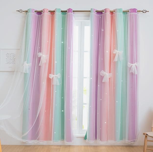 Yancorp Curtains for Girls Bedroom Kids Curtain HollowOut Star Window Nursery Curtain 96 inches Length Room Darkening Grommet 2 Layers Green Pink Purple W52 X L96