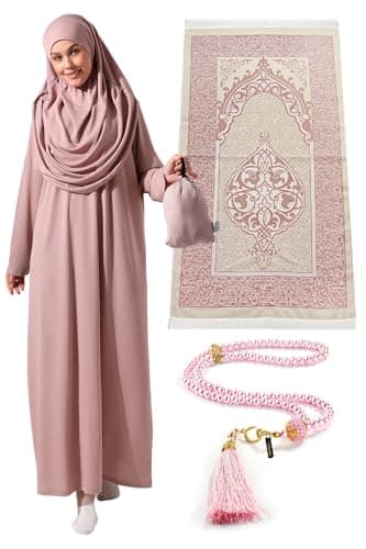 ihvan online Muslim Dresses for Women, One-Piece Long Sleeve Islamic Prayer Dress with Prayer Rug & Beads, Abaya Prayers Set, Islamic Gift Set for Women, Rose dry, Comfort Sizes:14-20(3XL-6XL)