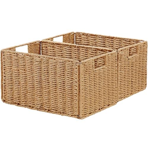 Vagusicc Wicker Storage Basket Set of 2 HandWoven Paper Rope Wicker Basket Small Storage Baskets for Organizing Toilet Paper Basket Foldable Large Cube Storage Organizer Bins for Shelves Natural