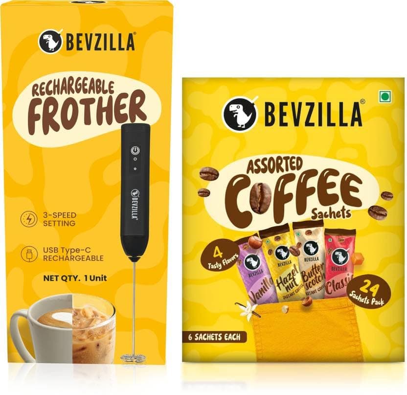 Bevzilla 24 Assorted Coffee & Rechargeable Electric Frother Combo Pack | 3-Speed Setting with Type-C Fast Charging| 6 Pouches Each Flavour | Café Coffee Kit | Enjoy Hot & Cold