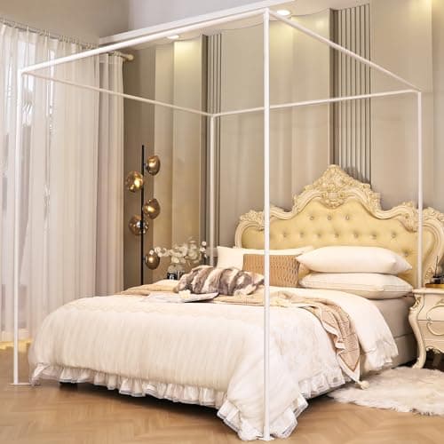 AIKASY King Size Canopy Bed Frame with Outer Support, Thickened Metal Poles & Four Corner Brackets, Compatible with Metal/Wood Base for Bedroom Decor (White)