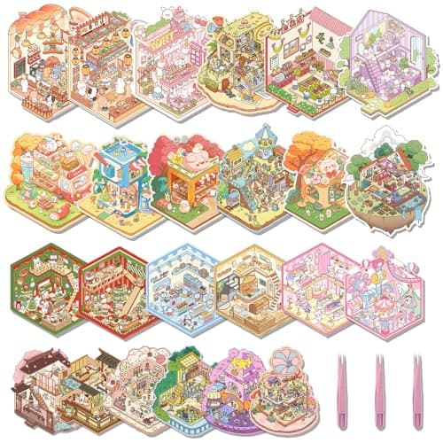 Aifong 24 Sets DIY 3D Sticker Scene Sticker Therapy Cute Cartoon Stickers Scene Make Your Own Scenes Miniature Room for Relief Stress