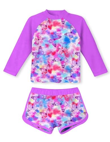 TUONROAD Little Girls Swimsuit Butterflies 2 Piece Tankini UPF 50 UV Protective Rash Guard Set Long Sleeve Bathing Suit UPF50 Beach Swimwear for 4 5 Years Old Girls Dark Pink