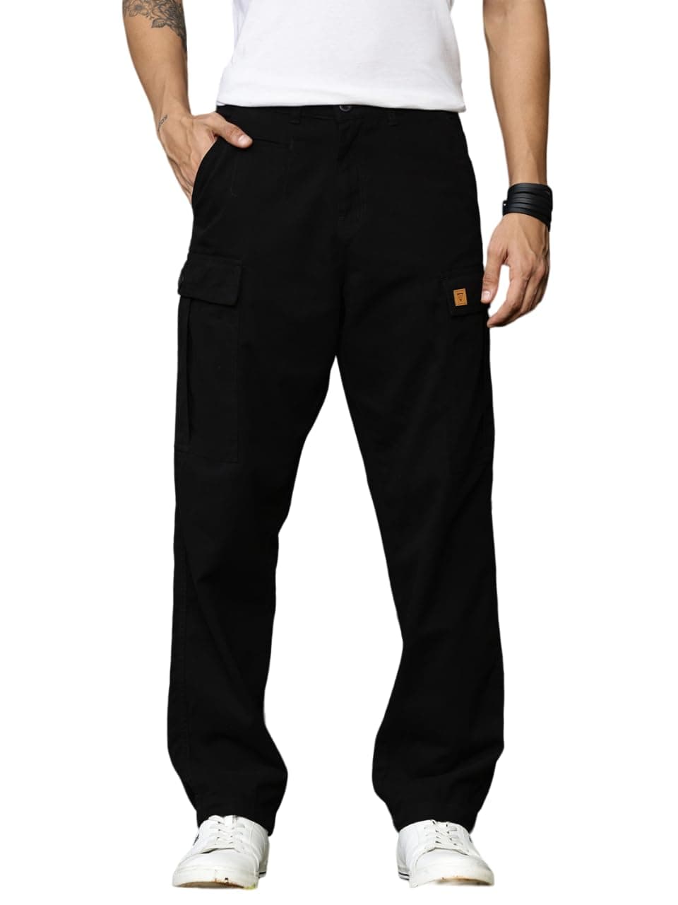 Thomas Scott Men's | Straight Fit | Mid-Rise | 100% Cotton | Solid | Button Closure | 7 Pockets | Woven | Cargo | Trouser (TSB030_Black_38)