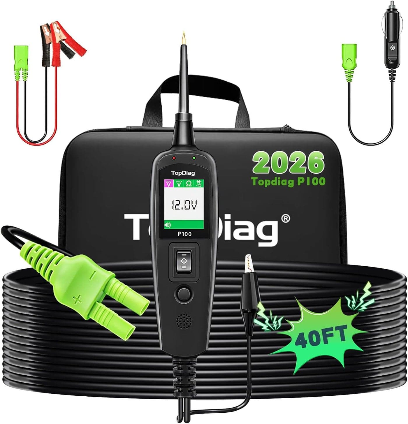 Topdiag P100 Power Probe AC DC Voltage Electric Tester with 40Ft Cable for Automotive Diagnostics
