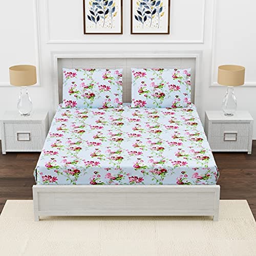 DAKSH 180TC Fitted 100% Cotton Premium Printed California King Size BedSheet, Pink Red Flower (72x84 Inches) with 2 Pillow Covers