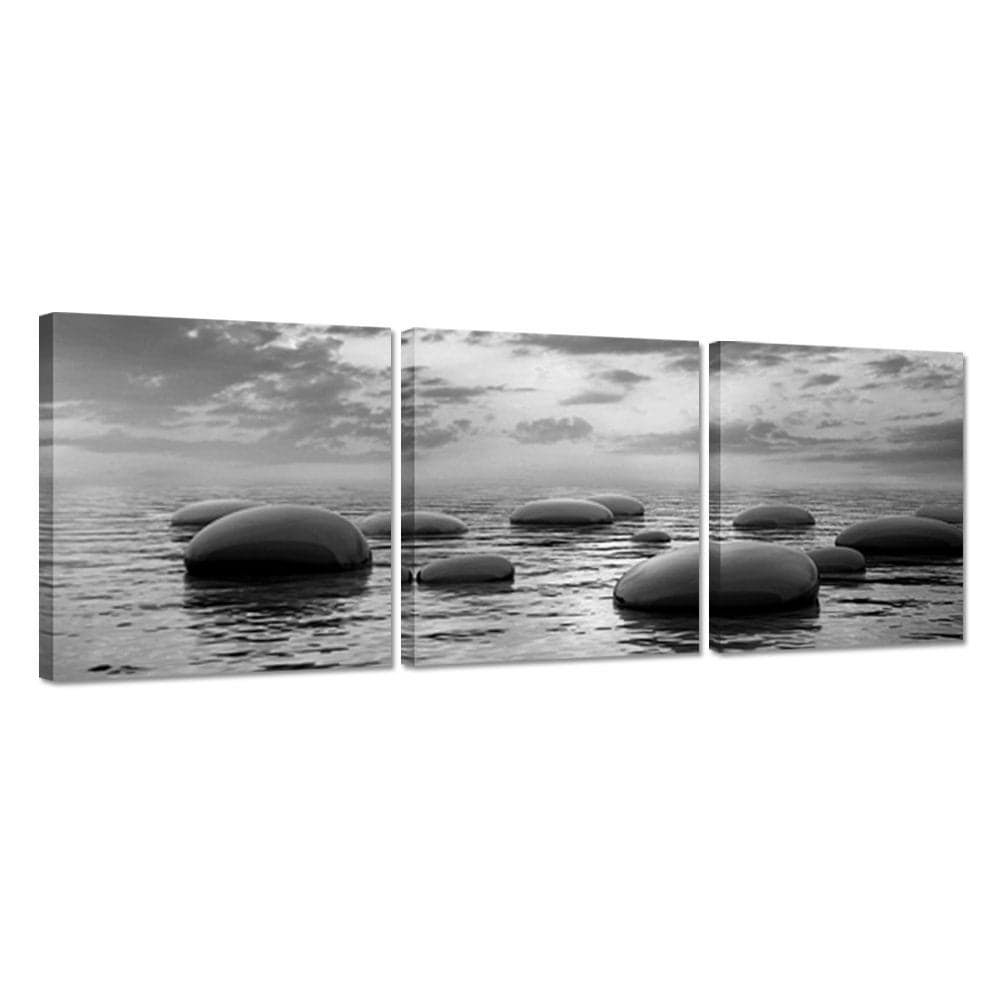 Hello Artwork 3 Panels Black And White Sea Rock Stone Zen Wall Art Seascape Painting Pictures Print for Home Office Bedroom Bathroom Decor Ready to Hang 12x12inchx3pcs