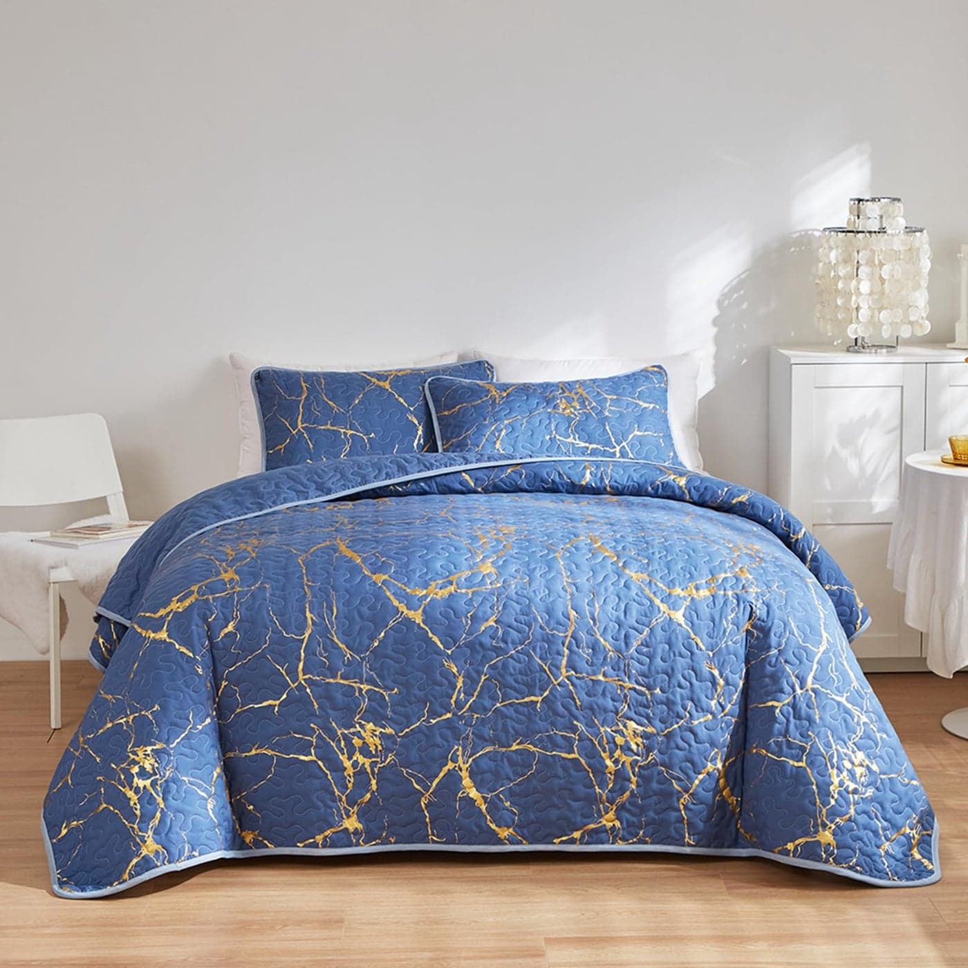 HAVOP King Size Blue Quilted Bedspreads Gold Marble Printed Luxury Soft Microfiber Coverlet All Season Bedding Set
