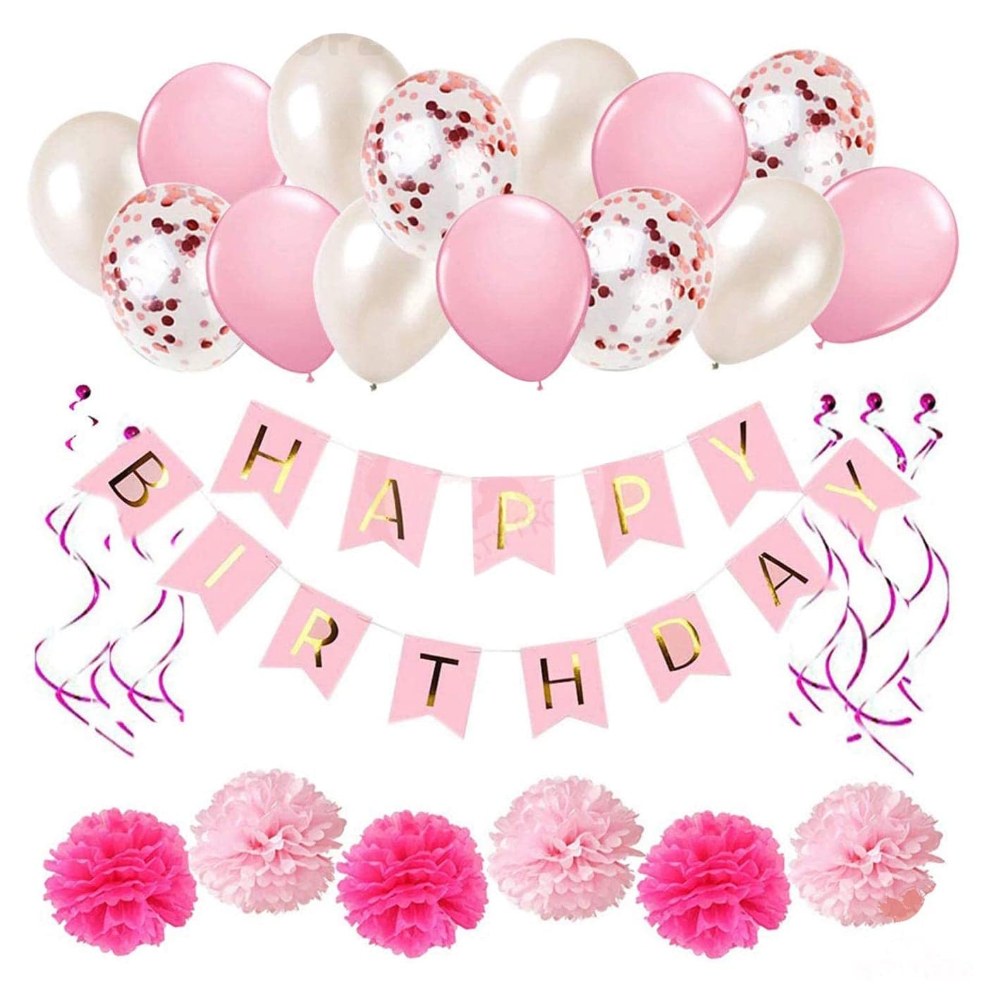 Party Propz Pink Happy Birthday Decoration Kit Combo 34Pcs Set With Happy Birthday Banner Confetti Metallic Balloons Swirls Pom Pom Birthday Decoration kit for Girls Birthday Decoration Items