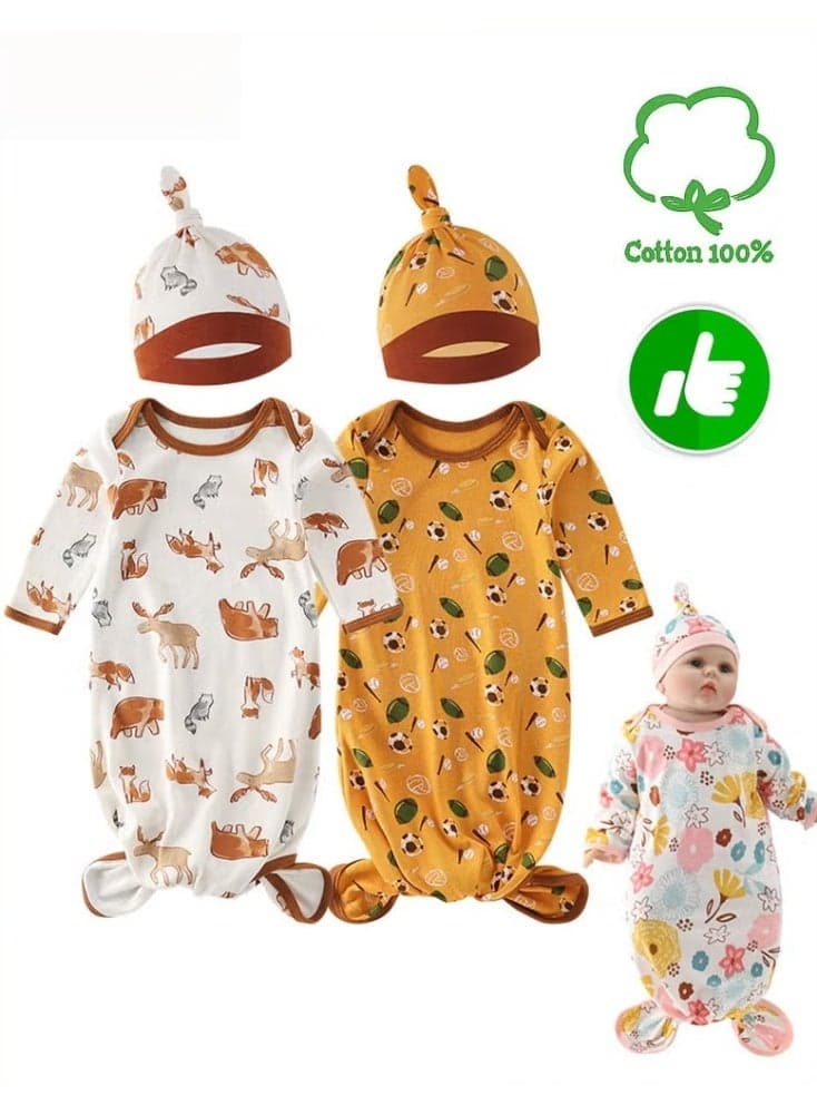 2PCS Baby Swaddle Blanket Wrap Cap Set with Knot, Newborn Nightgowns, Baby Swaddle Blanket, Newborn Infant Sleep Sack With Caps, 100% Cotton Breathable and Skin-Friendly for 0-4 Months