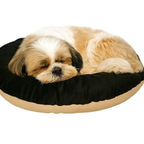 The Pets Company Calming Dog & Cat Bed | Soft Fluffy Donut Reversible, Washable Pet Bed for Kittens Puppies | Cozy Plush Anti-Anxiety Cushion |, (L-22 Inch x B-22 Inch x H-4 Inch), Black & Beige-XS