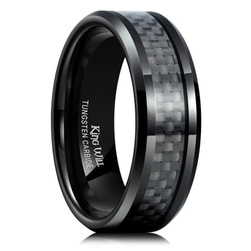 King Will 8mm Black Tungsten Carbide Rings for Men Men's Wedding Band with Grey Carbon Fiber Inlaid Beveled Edge High Polished Finish Gentleman Comfit Fit, Size 10.5
