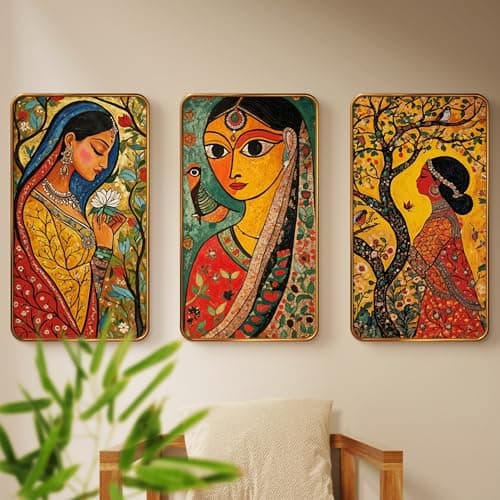Livin'luxe Set of 3 Traditional ladies Madhubani painting Premium Golden Framed Wall paintings for living room, bedroom, home decoration, wall decoration 35 inch x 20 inch SG-1