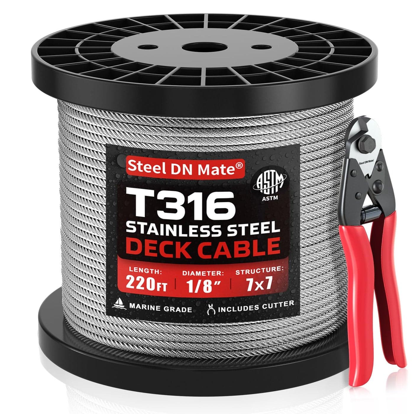 Steel DN Mate 220FT 18 Genuine T316 Stainless Steel Cable for Deck Cable Railing Stair Fence Systems Marine Grade 7x7 Strand Wire Rope with Cutter CorrosionResistant ASTM Certified DW22