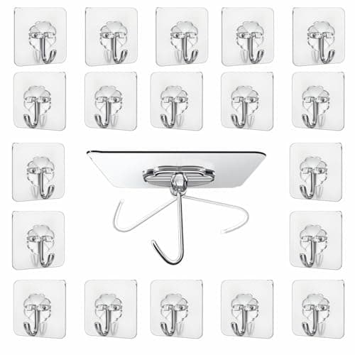 JIALTO Transparent Wall Hooks 20 Pcs- Heavy Duty Self Adhesive Hooks for Clothes, Keys, Towels- No Drill Wall Hangers for Bathroom, Kitchen, Bedroom Home Organizer