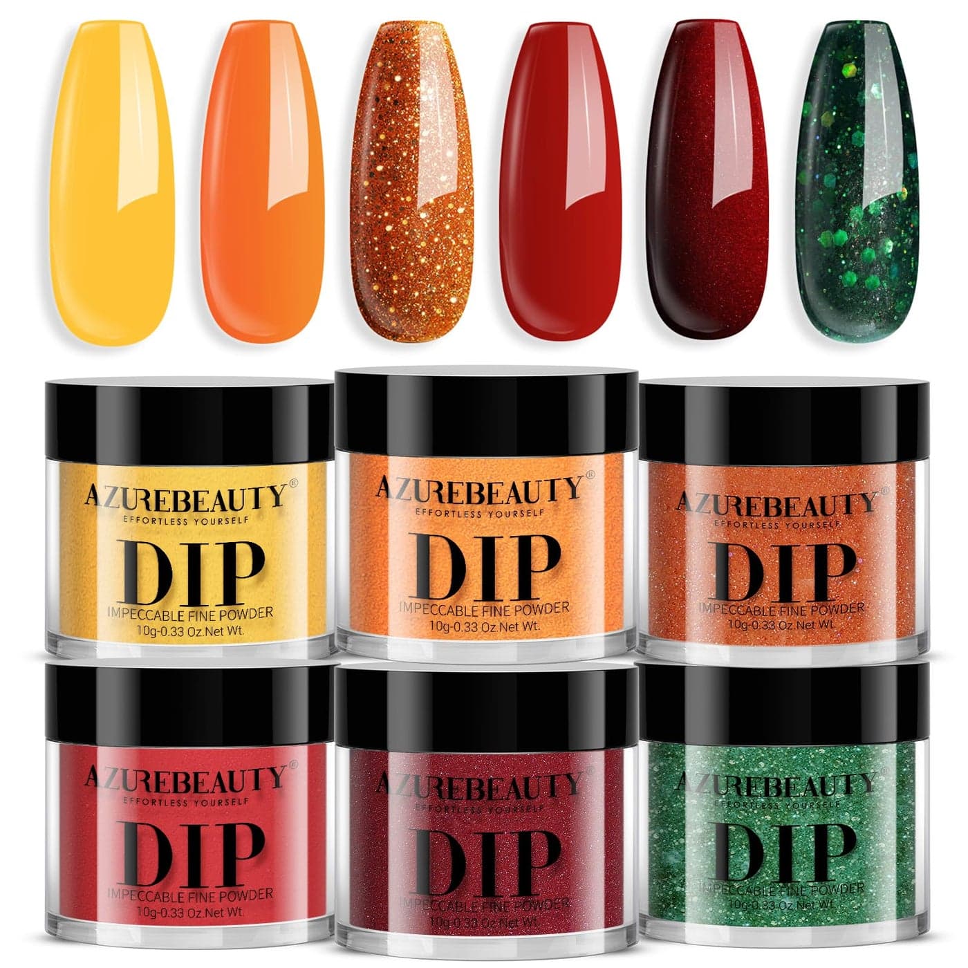 AZUREBEAUTY Dip Powder Nail Set Orange Gold Red Shimmery Green Glitter 6 Colors Dipping Powder Starter Kit French Nail Art Manicure DIY Salon No Need Nail Lamp Cured
