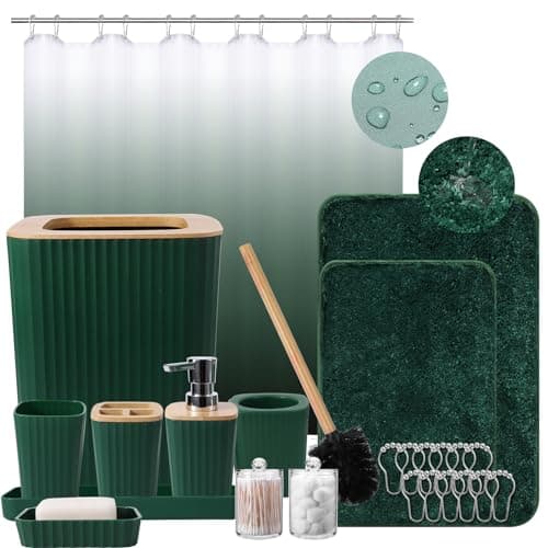 XLHOMO Dark Green Bathroom Accessories Set with Ombre Shower Curtain and Bathroom Rugs,Bathroom Sets with Trash Can,Toothbrush Holder and Cup,Soap Dispenser,Tray,Soap Dish,Toilet Brush,Qtip Holders