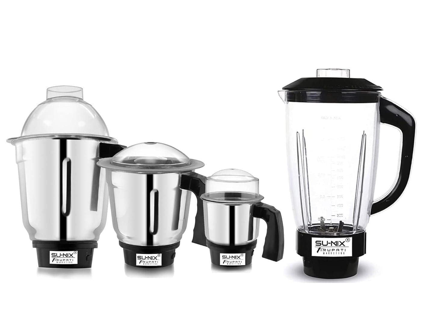 Sumix Juicer Jar Dry Liquid and Chutney Jar for Mixer Grinder Set of 4 Stainless Steel Mixer Chutney Jar with Handle Heavy Duty Aluminium Base with Lid Fitting 1500 ml 1000 ml 700 ml 350 ml