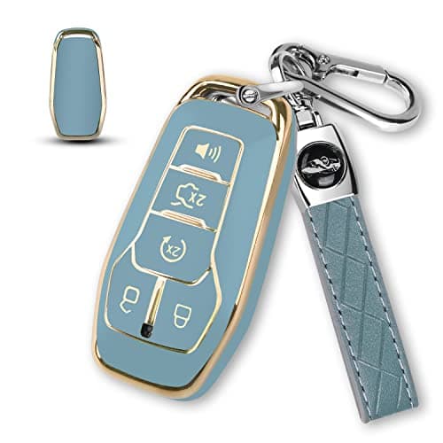 MILD EAST Key Fob Cover for Ford with Key Chain, Soft TPU Car Key Case Shell for Ford Mustang Fusion Explorer Edge Lincoln MKC MKX MKZ, Full Protector Holder for 5 Button Keyless Entry Remote, Blue